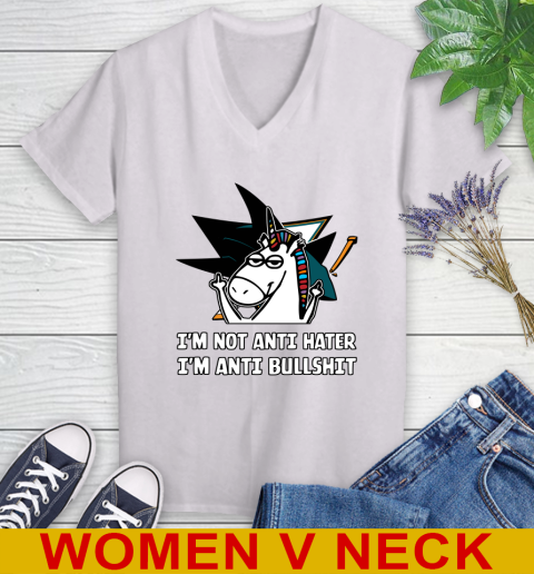 San Jose Sharks NHL Hockey Unicorn I'm Not Anti Hater I'm Anti Bullshit Women's V-Neck T-Shirt
