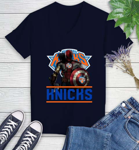 New York Knicks NBA Basketball Captain America Thor Spider Man Hawkeye Avengers Women's V-Neck T-Shirt 3