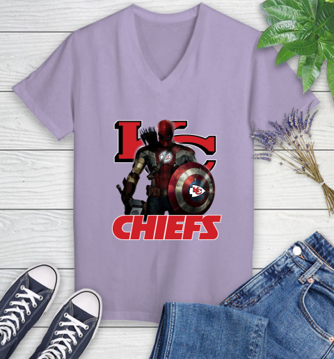 NFL Captain America Thor Spider Man Hawkeye Avengers Endgame Football Kansas City Chiefs Women's V-Neck T-Shirt 14
