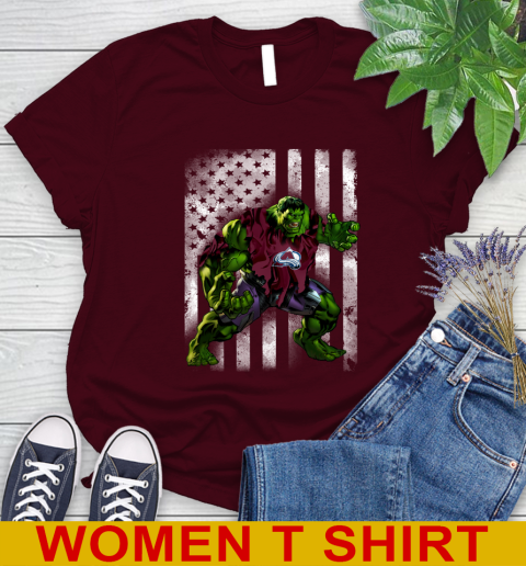 Colorado Avalanche Hulk Marvel Avengers NHL Hockey American Flag Women's T-Shirt 6