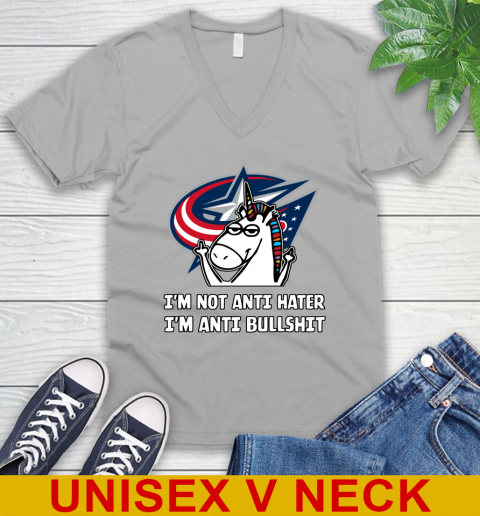 Columbus Blue Jackets NHL Hockey Unicorn I'm Not Anti Hater I'm Anti Bullshit V-Neck T-Shirt 4