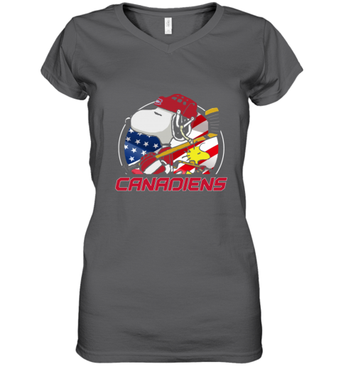 lm7t montreal canadienssnoopy and woodstock nhl women v neck t shirt 39 front charcoal