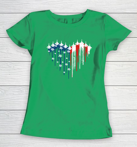 Retro Fighter Jet Airplane American Flag Heart 4th Of July Women's T-Shirt 4