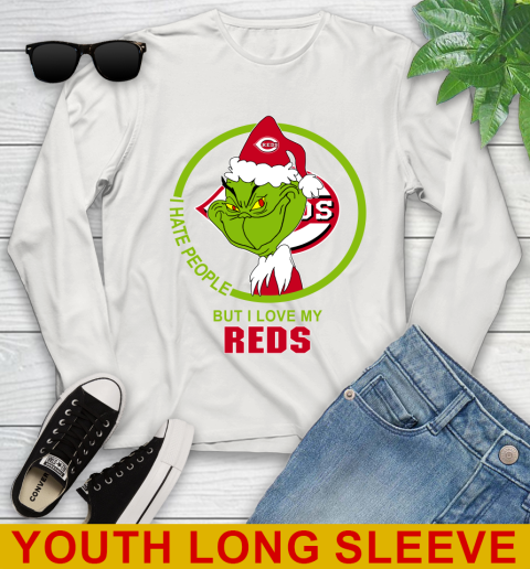 Cincinnati Reds MLB Christmas Grinch I Hate People But I Love My Favorite Baseball Team Youth Long Sleeve 12