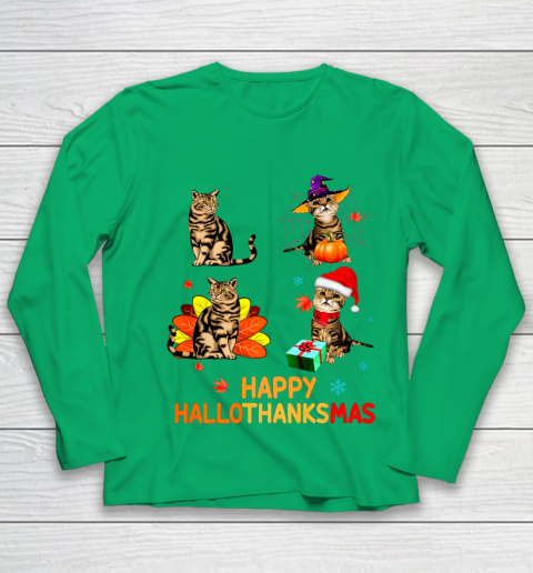 Cat Halloween Thanksgiving Christmas Happy Hallothanksmas Youth Long Sleeve 4