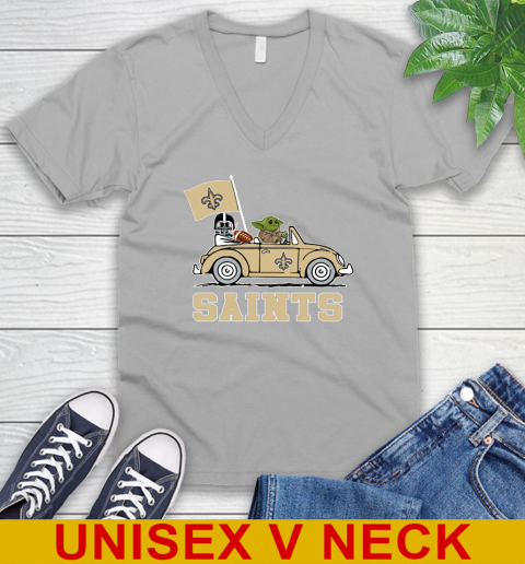 NFL Football New Orleans Saints Darth Vader Baby Yoda Driving Star Wars Shirt V-Neck T-Shirt 4