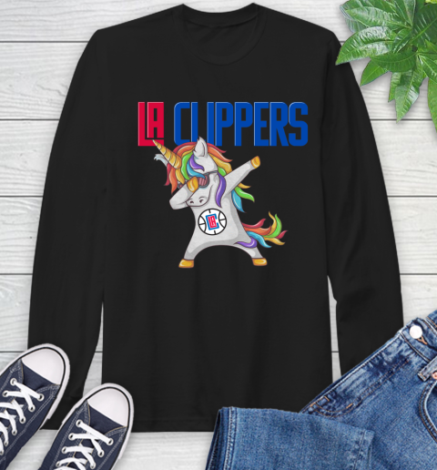 LA Clippers NBA Basketball Funny Unicorn Dabbing Sports Long Sleeve T-Shirt 2