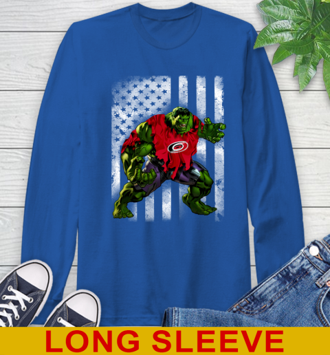 Carolina Hurricanes Hulk Marvel Avengers NHL Hockey American Flag Long Sleeve T-Shirt 11