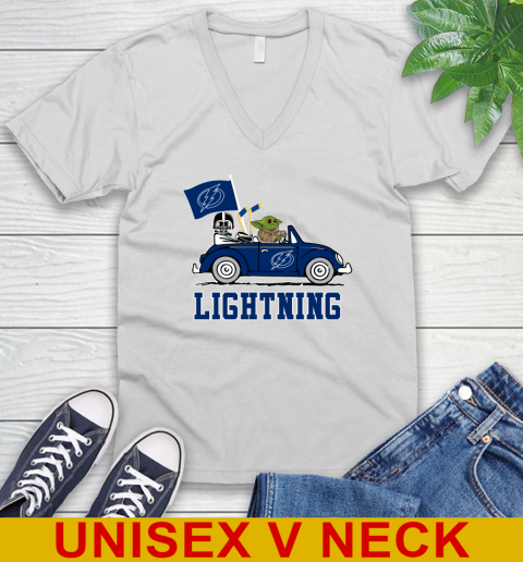 NHL Hockey Tampa Bay Lightning Darth Vader Baby Yoda Driving Star Wars Shirt V-Neck T-Shirt