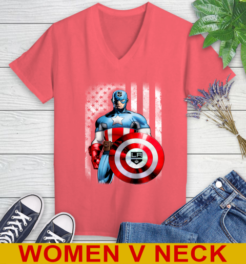 Los Angeles Kings NHL Hockey Captain America Marvel Avengers American Flag Shirt Women's V-Neck T-Shirt 6