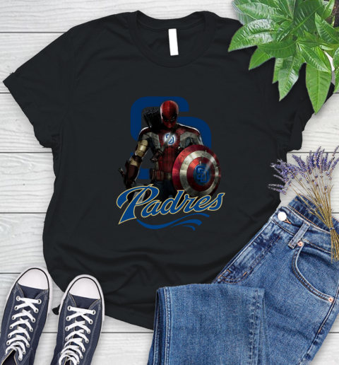 MLB Captain America Thor Spider Man Hawkeye Avengers Endgame Baseball San Diego Padres Women's T-Shirt 2