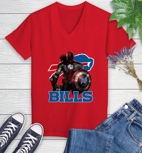 NFL Captain America Thor Spider Man Hawkeye Avengers Endgame Football Buffalo Bills Women's V-Neck T-Shirt 12