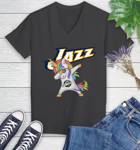 Utah Jazz NBA Basketball Funny Unicorn Dabbing Sports Women's V-Neck T-Shirt 8