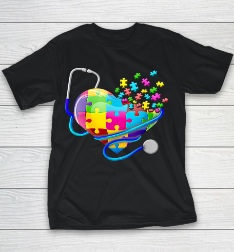 Funny Nurse Autism Puzzle Stethoscope Heart Puzzle Autism Awareness Youth T-Shirt