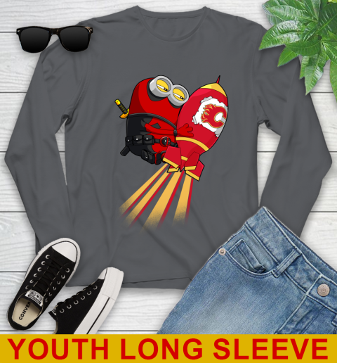 NHL Hockey Calgary Flames Deadpool Minion Marvel Shirt Youth Long Sleeve 9