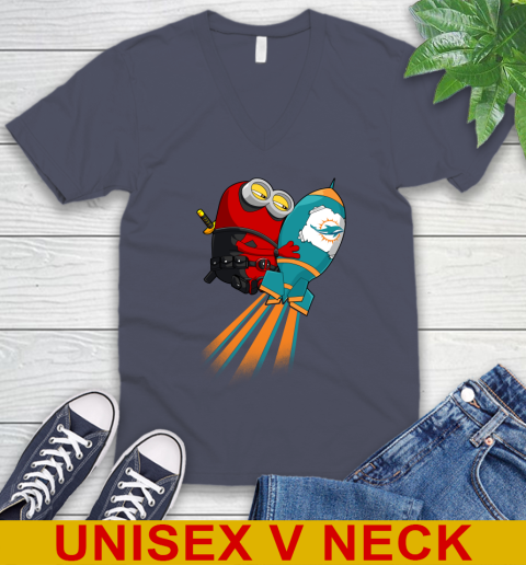 NFL Football Miami Dolphins Deadpool Minion Marvel Shirt V-Neck T-Shirt 7