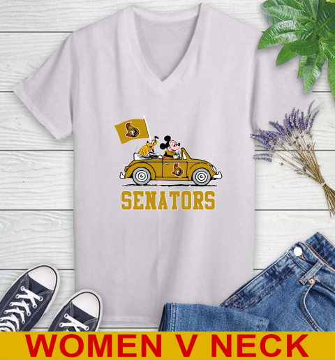 NHL Hockey Ottawa Senators Pluto Mickey Driving Disney Shirt Women's V-Neck T-Shirt