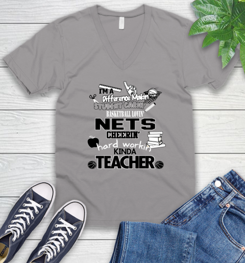 Brooklyn Nets NBA I'm A Difference Making Student Caring Basketball Loving Kinda Teacher V-Neck T-Shirt 3