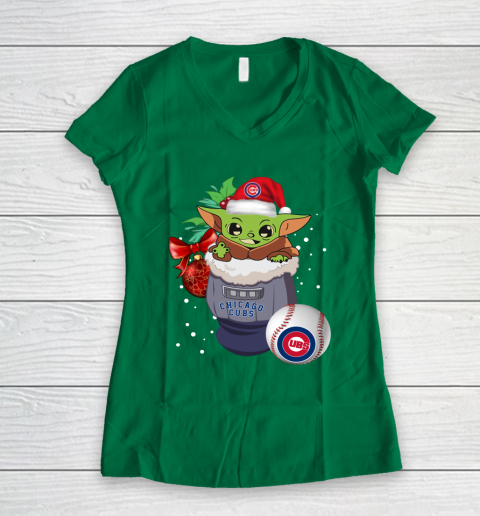 Chicago Cubs Christmas Baby Yoda Star Wars Funny Happy MLB Women's V-Neck T-Shirt 5