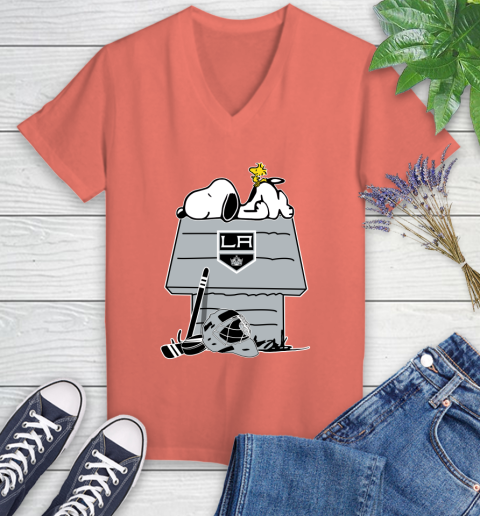 Los Angeles Kings NHL Hockey Snoopy Woodstock The Peanuts Movie Women's V-Neck T-Shirt 6