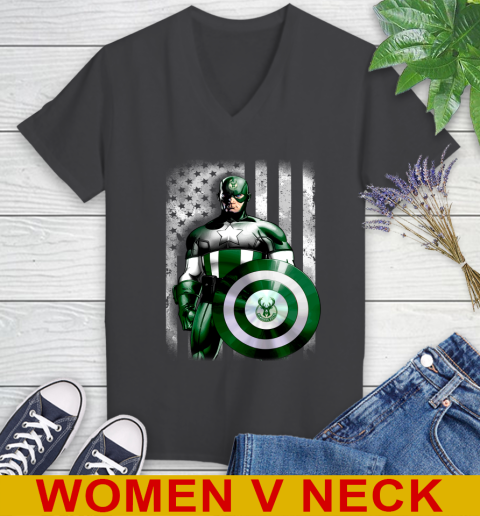 Milwaukee Bucks NBA Basketball Captain America Marvel Avengers American Flag Shirt Women's V-Neck T-Shirt 8