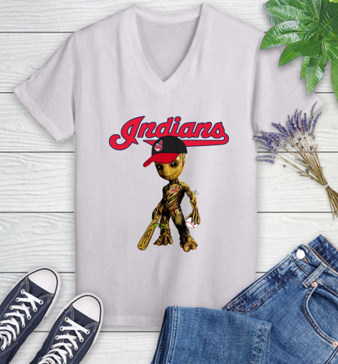 MLB Cleveland Indians Groot Guardians Of The Galaxy Baseball Women's V-Neck T-Shirt