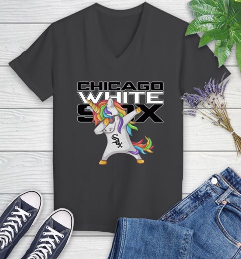 Chicago White Sox MLB Baseball Funny Unicorn Dabbing Sports Women's V-Neck T-Shirt 8