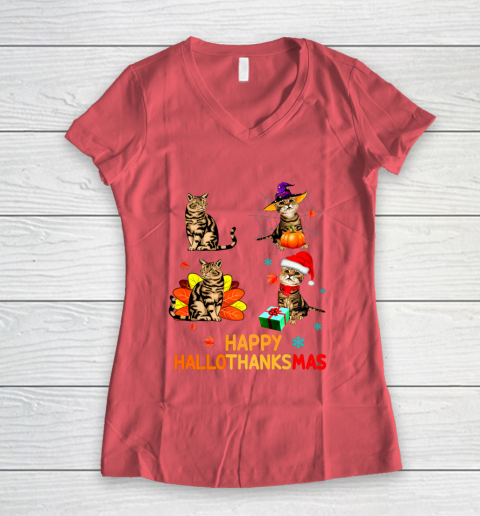Cat Halloween Thanksgiving Christmas Happy Hallothanksmas Women's V-Neck T-Shirt 4
