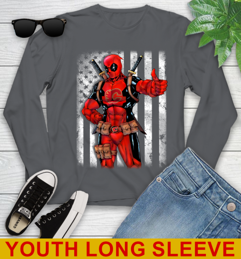 NHL Hockey Calgary Flames Deadpool American Flag Shirt Youth Long Sleeve 9