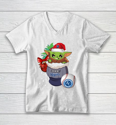 Kansas City Royals Christmas Baby Yoda Star Wars Funny Happy MLB V-Neck T-Shirt 2