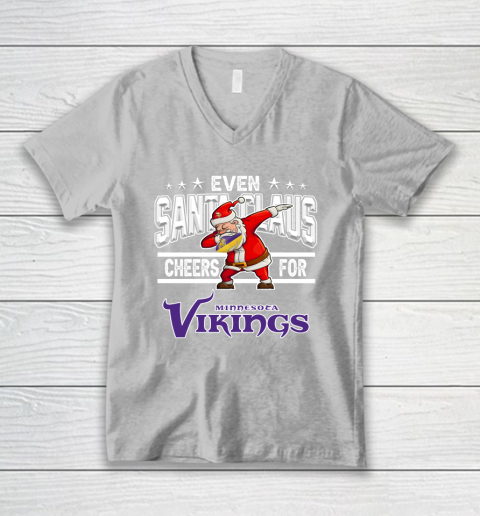 Minnesota Vikings Even Santa Claus Cheers For Christmas NFL V-Neck T-Shirt 3