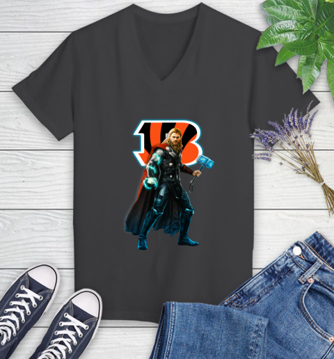 NFL Thor Avengers Endgame Football Cincinnati Bengals Women's V-Neck T-Shirt 8