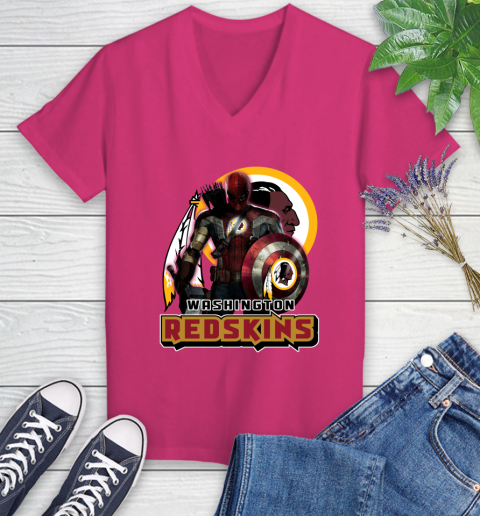 NFL Captain America Thor Spider Man Hawkeye Avengers Endgame Football Washington Redskins Women's V-Neck T-Shirt 9