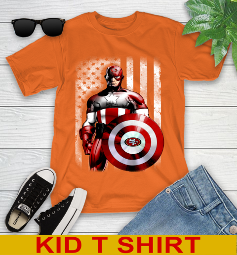 San Francisco 49ers NFL Football Captain America Marvel Avengers American Flag Shirt Youth T-Shirt - Image 9