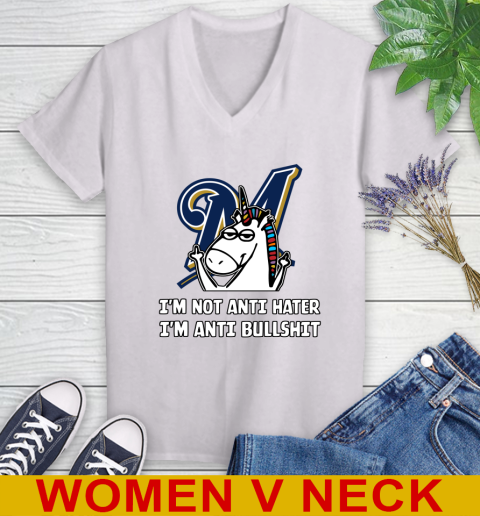 Milwaukee Brewers MLB Baseball Unicorn I'm Not Anti Hater I'm Anti Bullshit Women's V-Neck T-Shirt