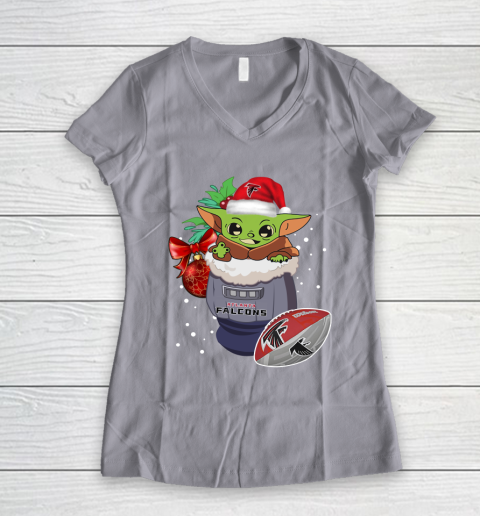 Atlanta Falcons Christmas Baby Yoda Star Wars Funny Happy NFL Women's V-Neck T-Shirt 4