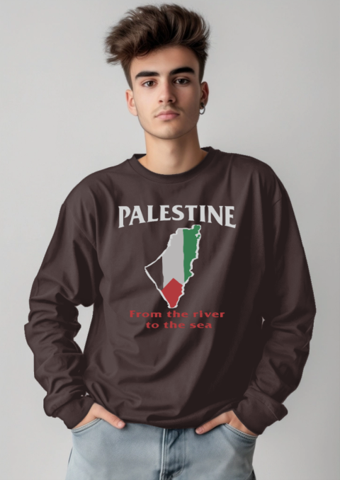 hpaj palestine from the river to the sea long sleeve tee 14 front dark chocolate