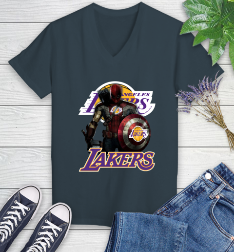 Los Angeles Lakers NBA Basketball Captain America Thor Spider Man Hawkeye Avengers Women's V-Neck T-Shirt 8