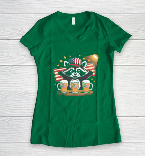 Raccoon red white and brew Funny Independence Day 4th of July Women's V-Neck T-Shirt 3
