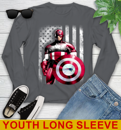 New England Patriots NFL Football Captain America Marvel Avengers American Flag Shirt Youth Long Sleeve 9