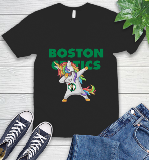 Boston Celtics NBA Basketball Funny Unicorn Dabbing Sports V-Neck T-Shirt 2
