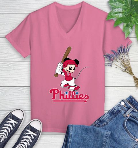 MLB Baseball Philadelphia Phillies Cheerful Mickey Mouse Shirt Women's V-Neck T-Shirt 11