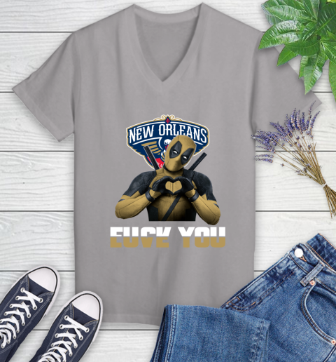 NBA New Orleans Pelicans Deadpool Love You Fuck You Basketball Sports Women's V-Neck T-Shirt 4