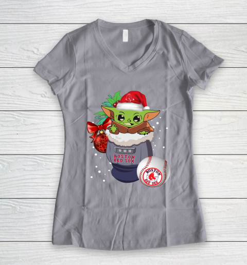 Boston Red Sox Christmas Baby Yoda Star Wars Funny Happy MLB Women's V-Neck T-Shirt 4