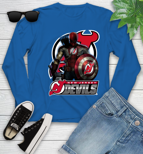 NHL Captain America Thor Spider Man Hawkeye Avengers Endgame Hockey New Jersey Devils Youth Long Sleeve 9