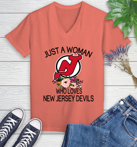 NHL Just A Woman Who Loves New Jersey Devils Hockey Sports Women's V-Neck T-Shirt 3