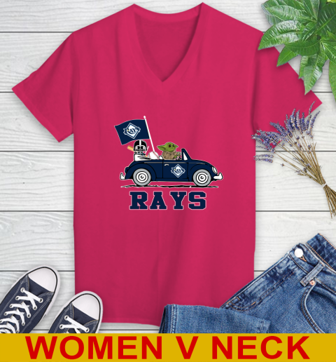 MLB Baseball Tampa Bay Rays Darth Vader Baby Yoda Driving Star Wars Shirt Women's V-Neck T-Shirt 10