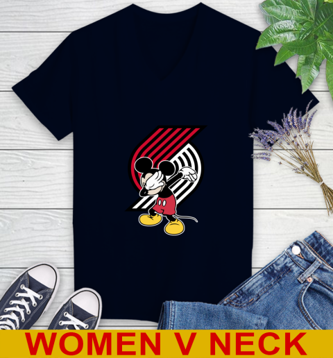 Portland Trail Blazers NBA Basketball Dabbing Mickey Disney Sports Women's V-Neck T-Shirt 3
