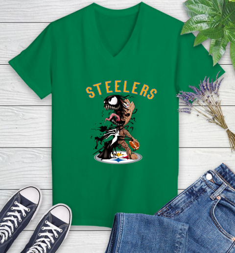 NFL Pittsburgh Steelers Football Venom Groot Guardians Of The Galaxy Women's V-Neck T-Shirt 5