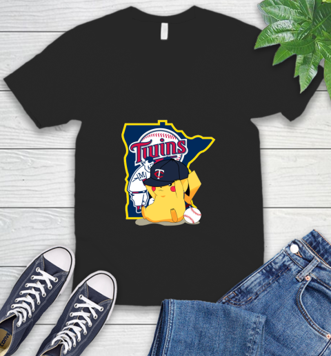 MLB Pikachu Baseball Sports Minnesota Twins V-Neck T-Shirt 2